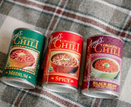 Three varieties of Amy's Organic Chili cans on a plaid picnic blanket.