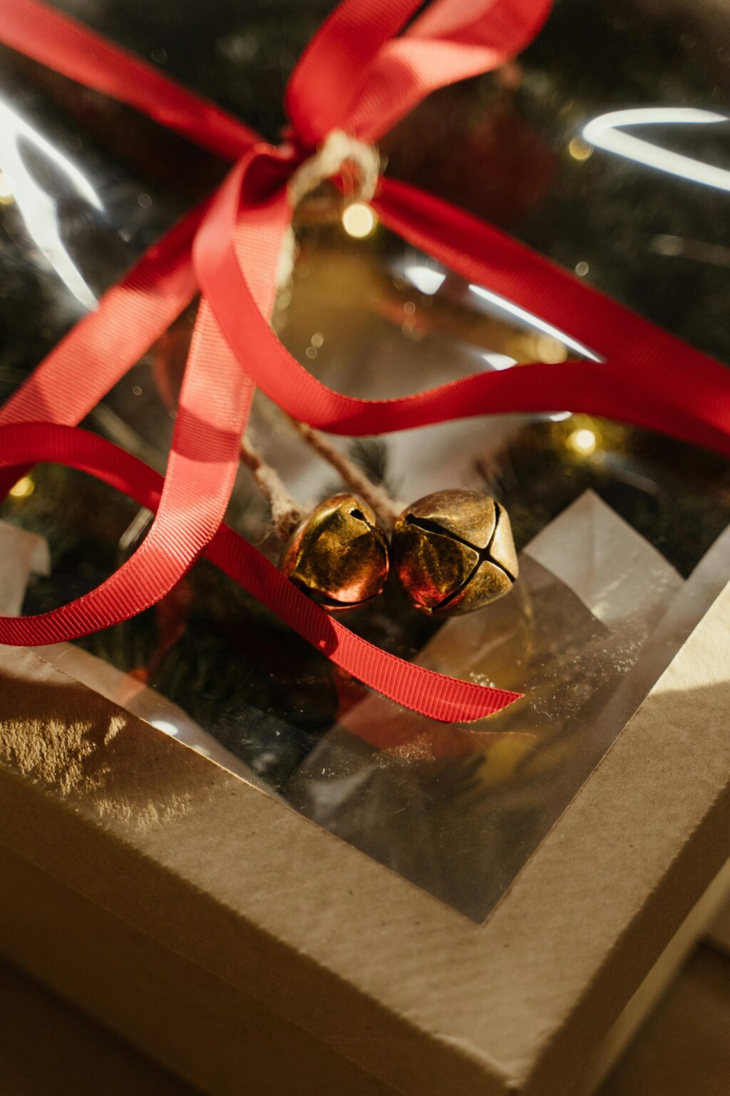 Close-up of a gift box wrapped with red ribbon and golden bells, perfect for holiday themes.